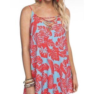 Tropical Leaf Print Sleeveless Tunic/Mini Dress Crisscross Neck